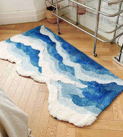 Blue Sea Pattern Tufted Rug - Cute Japanese Style Anti-Slip Floor Pad