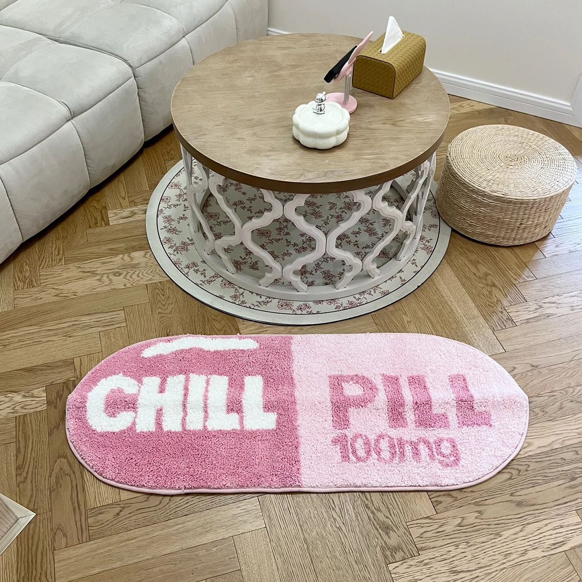 Chill Pill Custom Oval Rug - Pink Tufted Bath Mat with Anti-Slip Backing